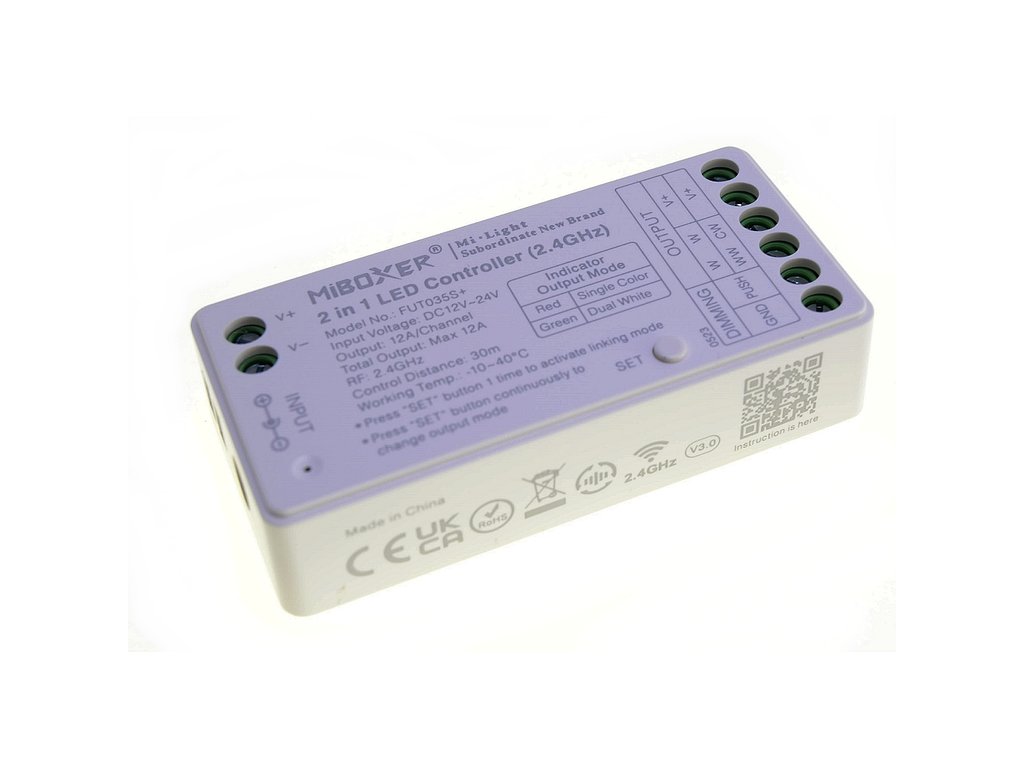 MiBoxer RF Stmievač pre CCT Duálne alebo Jednofarebné Biele LED pásiky 12A 12V-24V, FUT035S+