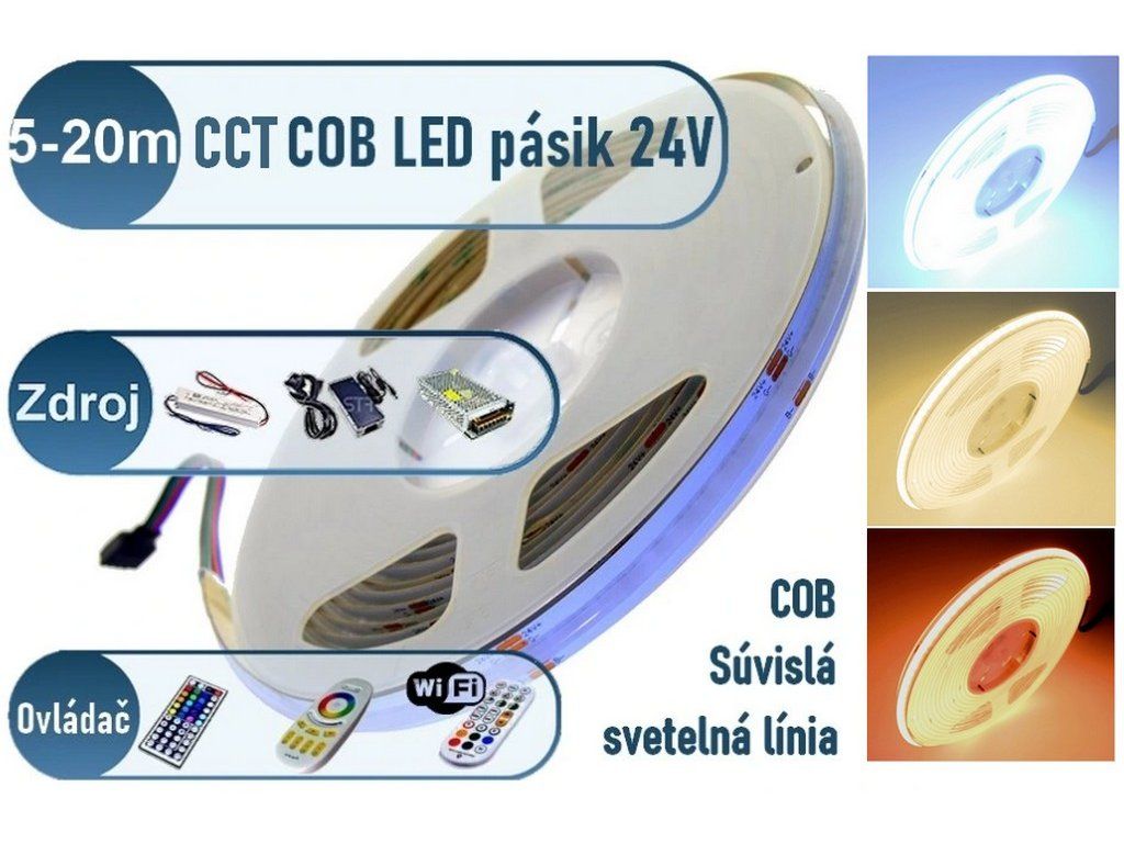 LedStar COB CCT duálny 24V LED pásik 5–20 m – hotová sada so zdrojom a WiFi Sunrise ovládačom, konfigurátor